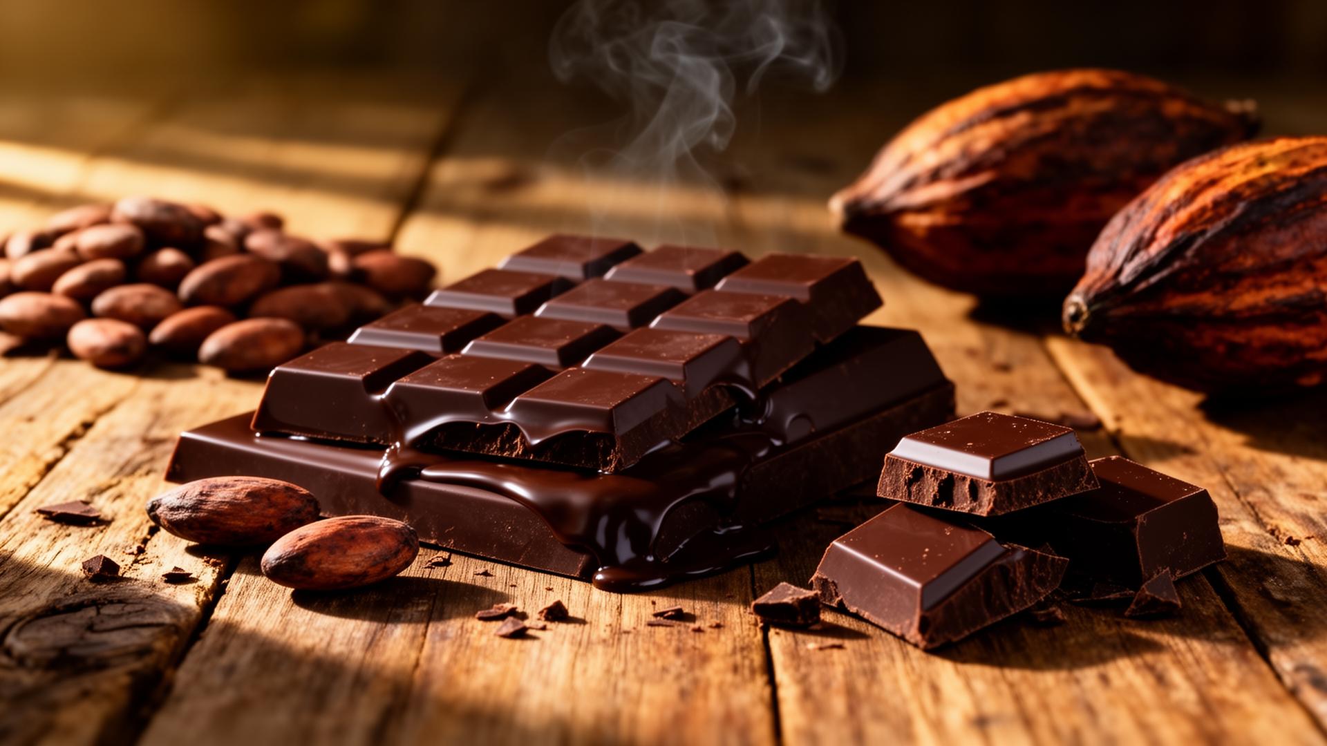 Chocolate artesanal derretido sobre madeira rústica com cacau